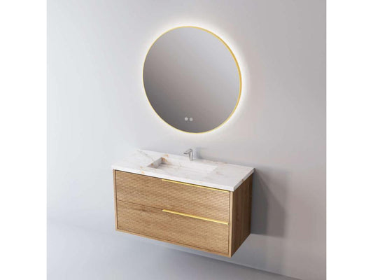 Meuble de salle de bain plan vasque Grès Cérame Blanc Storm 2 Tiroirs Chêne Naturel Poignée Or l60xh54xp45 Effet 3D LISTELLO XXEE45519
