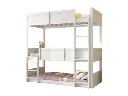 Lit superposé 3x90x200 cm en bois massif - avec 2 sommiers à Ventoriq - Blanc PETS86491