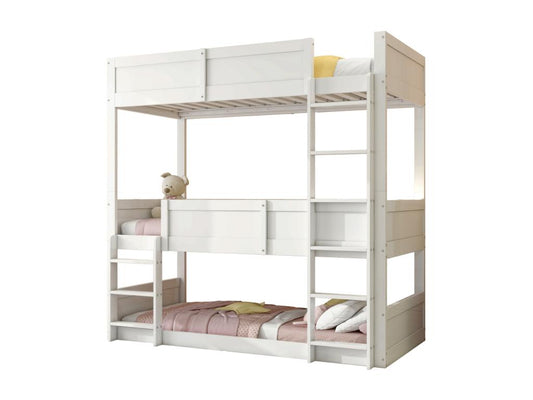 Lit superposé 3x90x200 cm en bois massif - avec 2 sommiers à Ventoriq - Blanc PETS86491