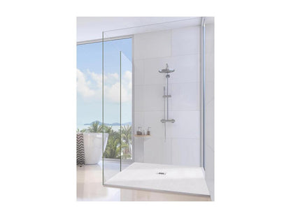 Receveur de Douche 140x115 cm Ligne Ventoriq Extra Fin Gris Clair Ral 7035 en Résine Synthétique et Poudre de Marbre avec Bonde Libre YBND12669