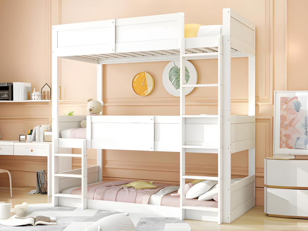 Lit superposé 3x90x200 cm en bois massif - avec 2 sommiers à Ventoriq - Blanc PETS86491