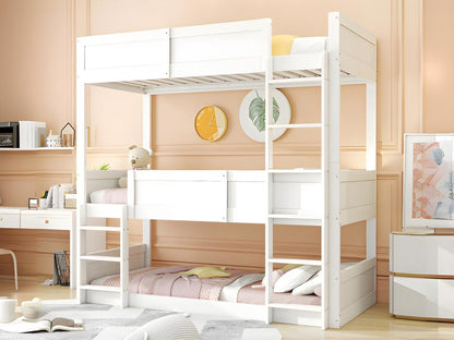 Lit superposé 3x90x200 cm en bois massif - avec 2 sommiers à Ventoriq - Blanc PETS86491