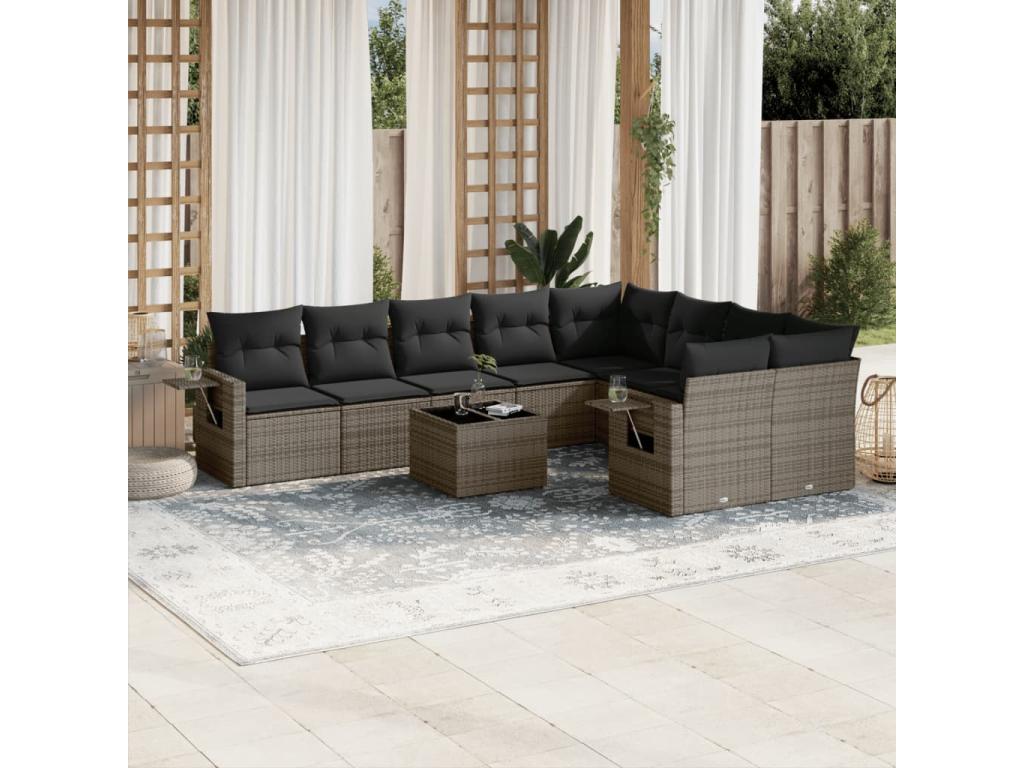 Salon de jardin avec coussins 10 pcs gris résine tressée ALCJ27329