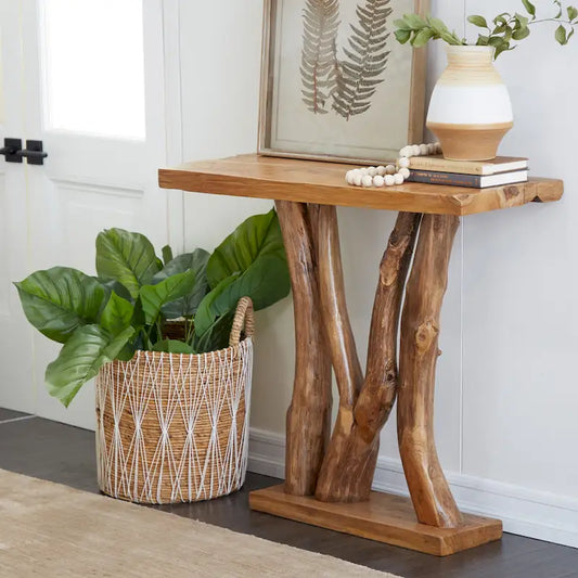Teak Wood Small Live Edge Tree Trunk Console Table - Brown - 14W x 35L x 32H