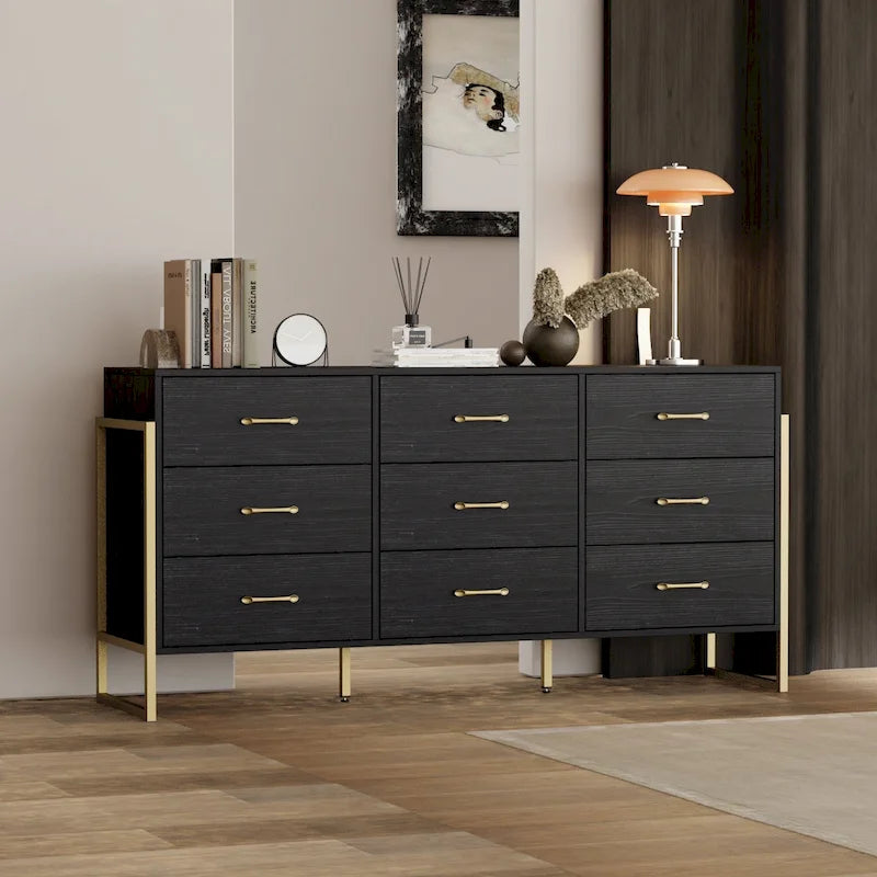 Versatile 9-Drawer Dresser - Sleek Black & Gold, Premium Quality Chest
