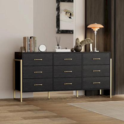 Versatile 9-Drawer Dresser - Sleek Black & Gold, Premium Quality Chest