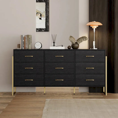 Versatile 9-Drawer Dresser - Sleek Black & Gold, Premium Quality Chest
