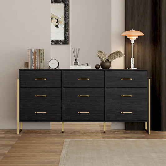 Versatile 9-Drawer Dresser - Sleek Black & Gold, Premium Quality Chest