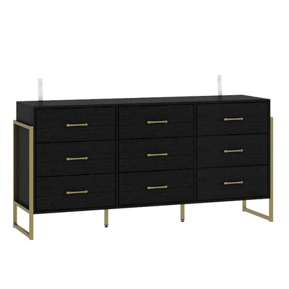 Versatile 9-Drawer Dresser - Sleek Black & Gold, Premium Quality Chest