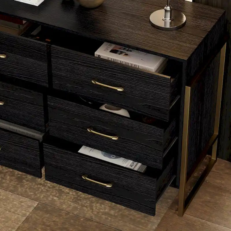 Versatile 9-Drawer Dresser - Sleek Black & Gold, Premium Quality Chest