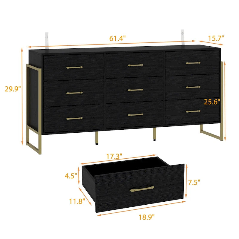 Versatile 9-Drawer Dresser - Sleek Black & Gold, Premium Quality Chest