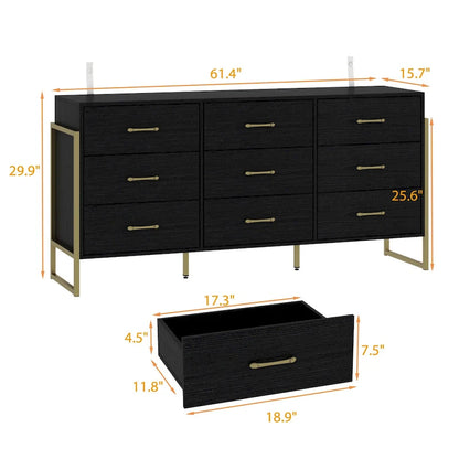 Versatile 9-Drawer Dresser - Sleek Black & Gold, Premium Quality Chest