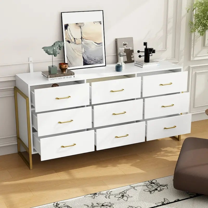 Versatile 9-Drawer Dresser - Sleek Black & Gold, Premium Quality Chest