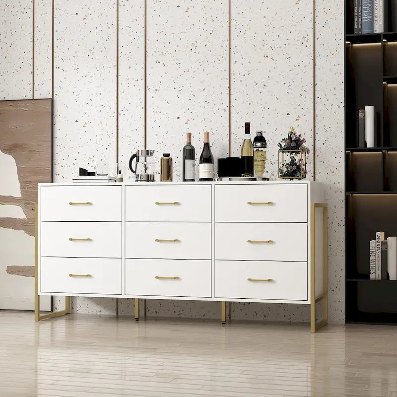 Versatile 9-Drawer Dresser - Sleek Black & Gold, Premium Quality Chest