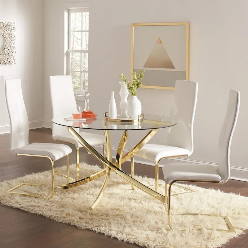 Modern 5-piece Glass Top Dining Set with Gold Metal Base