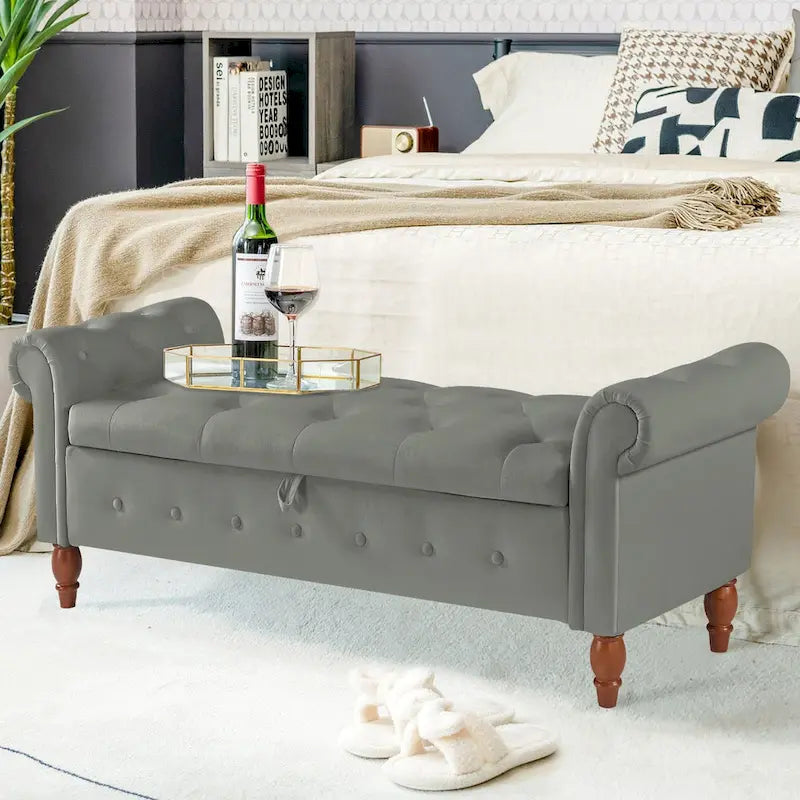 63 Upholstered Storage Bench, Button-Tufted Large Storage Ottoman Bench for Bedroom End of Bed, Rolled Armed Bench