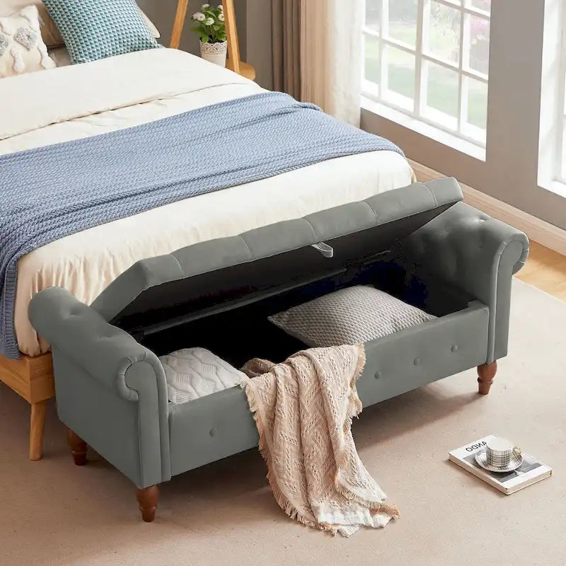 63 Upholstered Storage Bench, Button-Tufted Large Storage Ottoman Bench for Bedroom End of Bed, Rolled Armed Bench