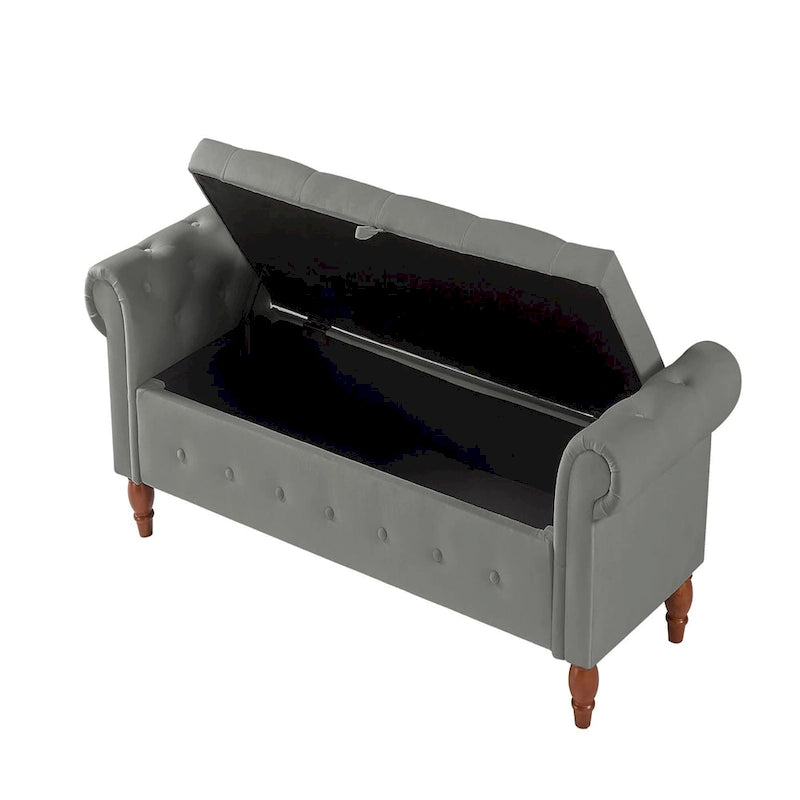 63 Upholstered Storage Bench, Button-Tufted Large Storage Ottoman Bench for Bedroom End of Bed, Rolled Armed Bench