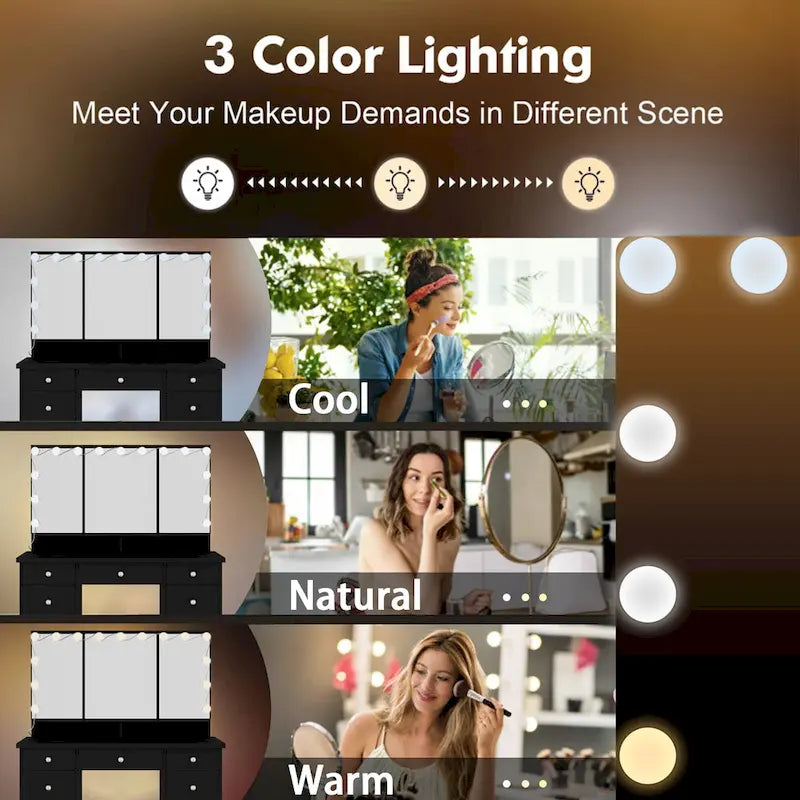 40.2W Beauty Station with 3 Mirrors Makeup Vanity for Dressing