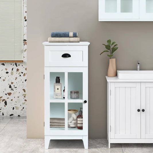White MDF Wood Slim Bathroom Storage Cabinet and End Table - 37 H x 15.7 W x 11.8 D