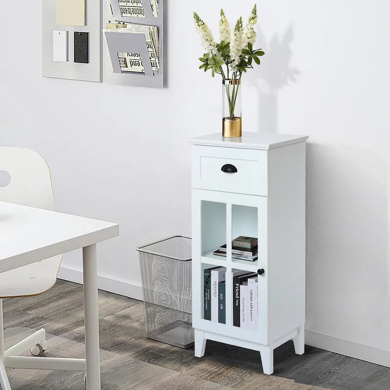 White MDF Wood Slim Bathroom Storage Cabinet and End Table - 37 H x 15.7 W x 11.8 D