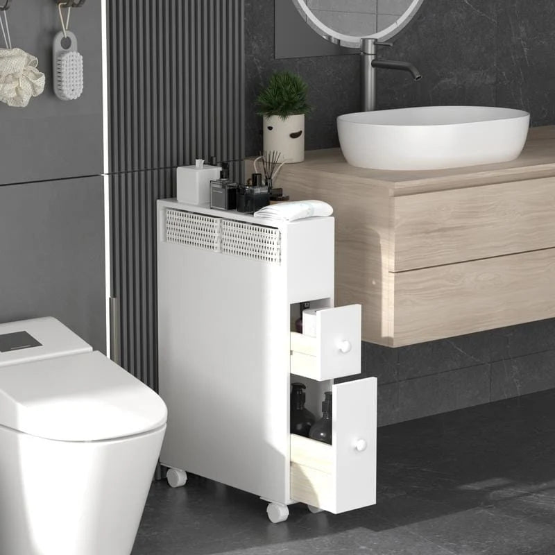 Freestanding Wooden Storage Cabinet with Storage Basket for Narrow Bathroom
