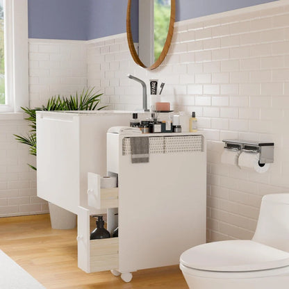 Freestanding Wooden Storage Cabinet with Storage Basket for Narrow Bathroom