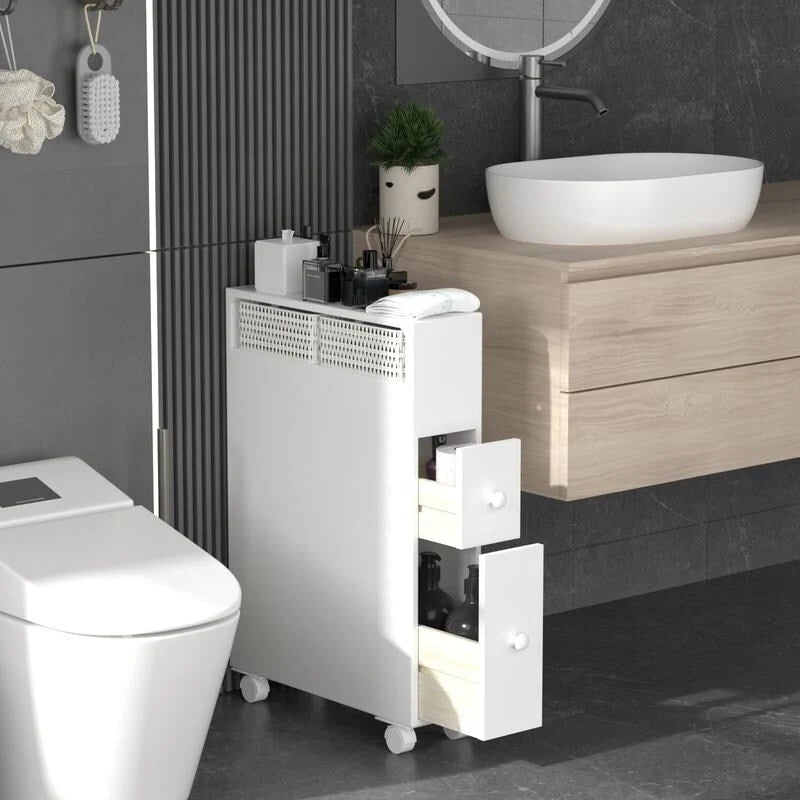 Freestanding Wooden Storage Cabinet with Storage Basket for Narrow Bathroom