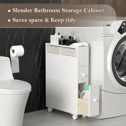 Freestanding Wooden Storage Cabinet with Storage Basket for Narrow Bathroom