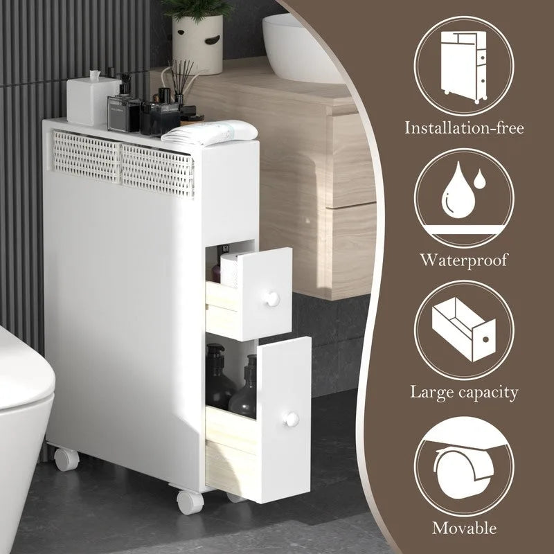 Freestanding Wooden Storage Cabinet with Storage Basket for Narrow Bathroom