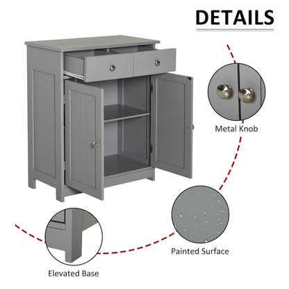 Freestanding Bathroom Storage Cabinet Organizer Floor Tower with 2 Door, 2 Drawers, Adjustable Shelf, Grey