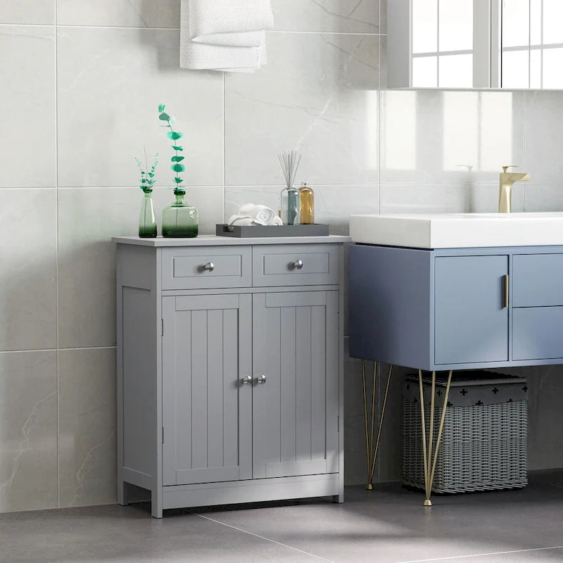 Freestanding Bathroom Storage Cabinet Organizer Floor Tower with 2 Door, 2 Drawers, Adjustable Shelf, Grey