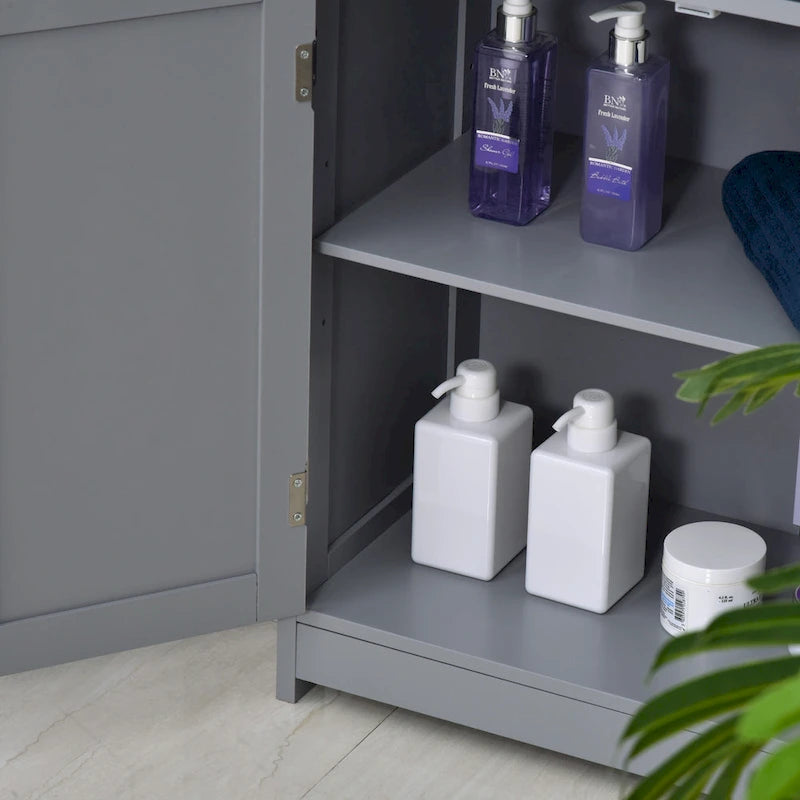 Freestanding Bathroom Storage Cabinet Organizer Floor Tower with 2 Door, 2 Drawers, Adjustable Shelf, Grey