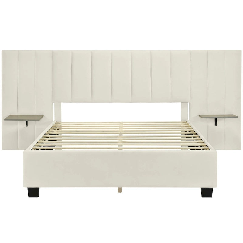 Queen Size Upholstered Platform Bed with Big Headboard, Bedroom Furniture, Velvet, Beige