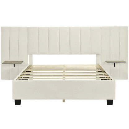 Queen Size Upholstered Platform Bed with Big Headboard, Bedroom Furniture, Velvet, Beige