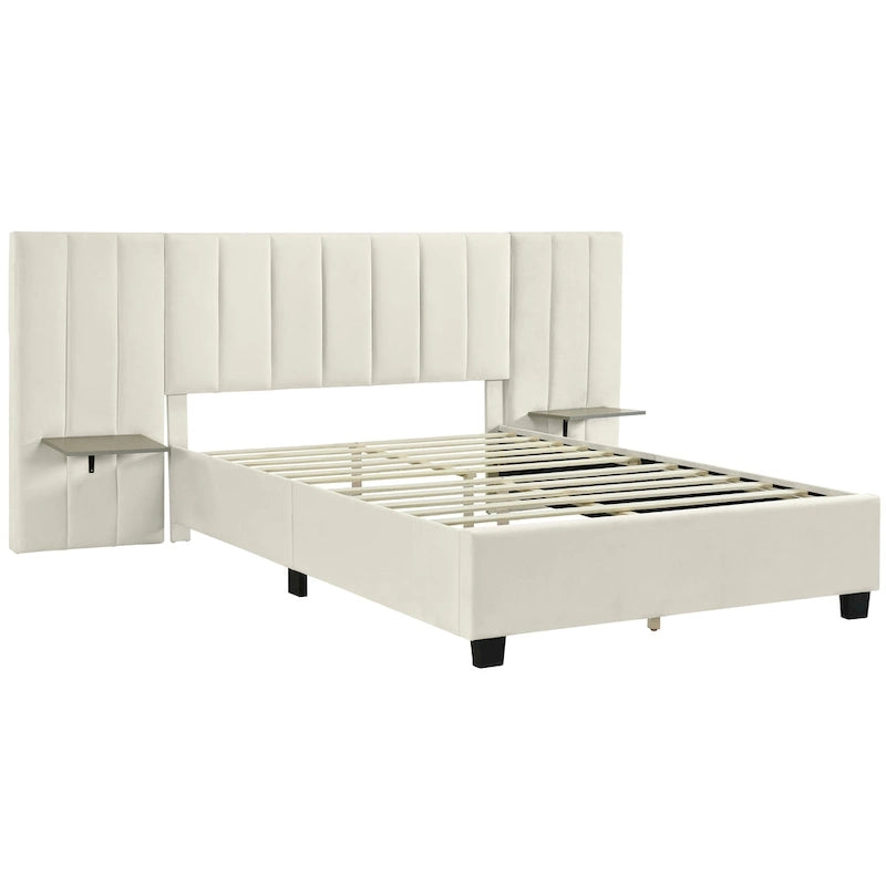 Queen Size Upholstered Platform Bed with Big Headboard, Bedroom Furniture, Velvet, Beige