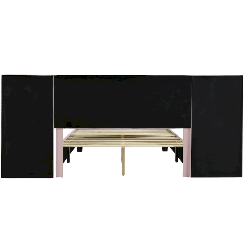 Queen Size Upholstered Platform Bed with Big Headboard, Bedroom Furniture, Velvet, Beige