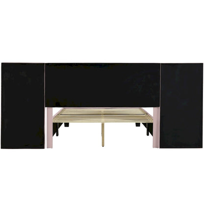 Queen Size Upholstered Platform Bed with Big Headboard, Bedroom Furniture, Velvet, Beige