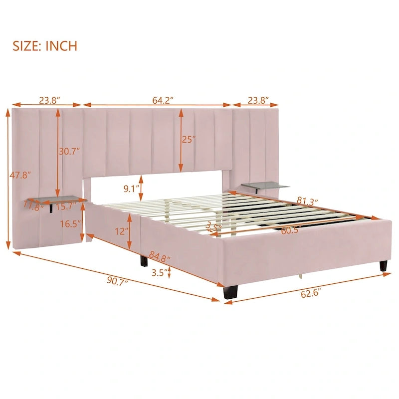 Queen Size Upholstered Platform Bed with Big Headboard, Bedroom Furniture, Velvet, Beige