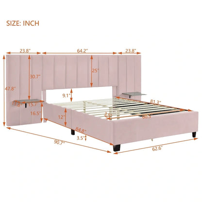 Queen Size Upholstered Platform Bed with Big Headboard, Bedroom Furniture, Velvet, Beige