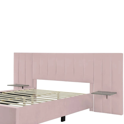 Queen Size Upholstered Platform Bed with Big Headboard, Bedroom Furniture, Velvet, Beige