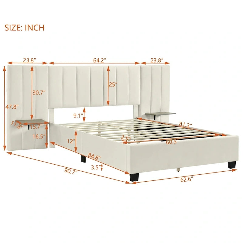 Queen Size Upholstered Platform Bed with Big Headboard, Bedroom Furniture, Velvet, Beige