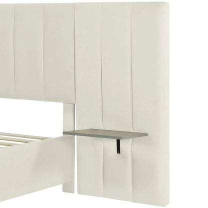 Queen Size Upholstered Platform Bed with Big Headboard, Bedroom Furniture, Velvet, Beige