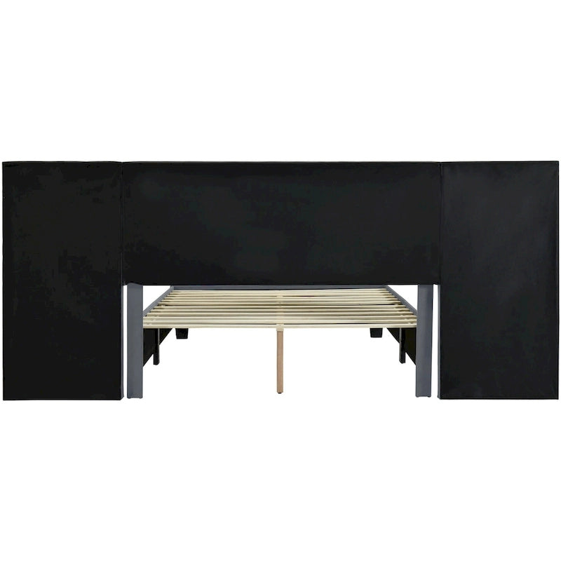 Queen Size Upholstered Platform Bed with Big Headboard, Bedroom Furniture, Velvet, Beige