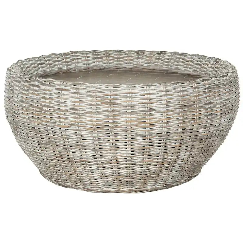 SAFAVIEH Alfia Wood Top Wicker Drum Coffee Table - 35.4 x 35.4 x 15.7 - 35Wx35Dx16H