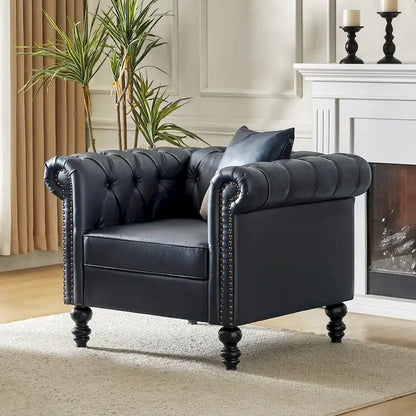 Traditional upholstered armchair with solid wood legs.