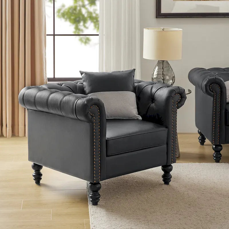 Traditional upholstered armchair with solid wood legs.