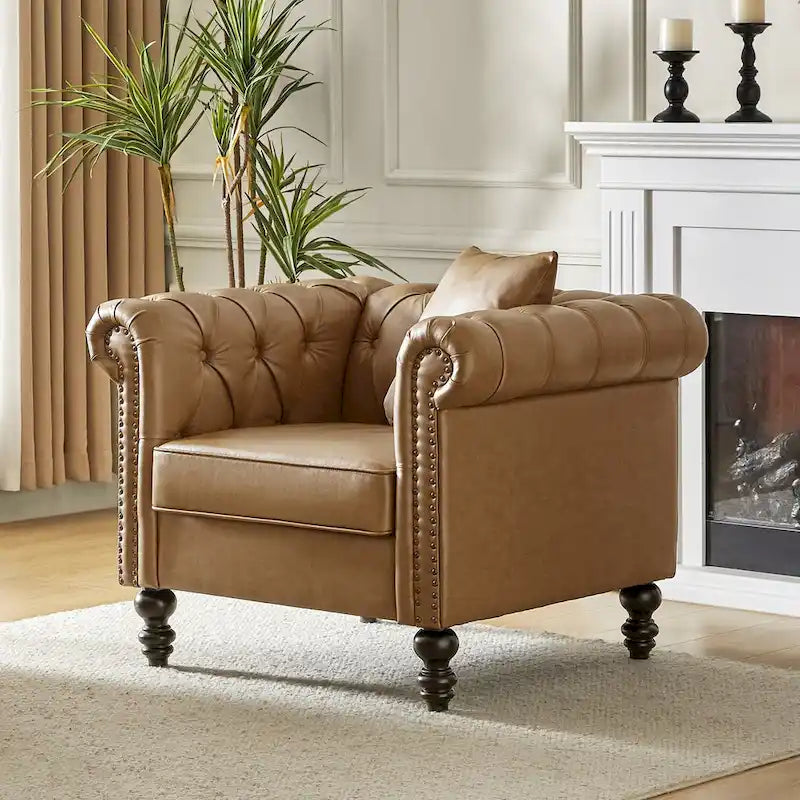 Traditional upholstered armchair with solid wood legs.
