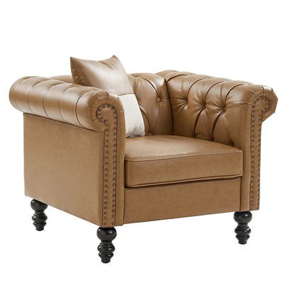 Traditional upholstered armchair with solid wood legs.