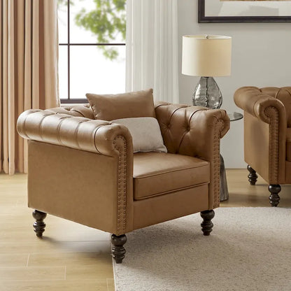 Traditional upholstered armchair with solid wood legs.
